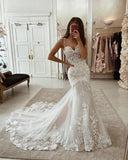 Runhufu Ivory Mermaid Wedding Dresses Lace Appliques Tulle Bridal Gowns with Train Sweetheart Spaghetti Straps Vintage Gowns 2024