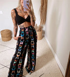 Runhufu Print Pants Sets High Street Summer Women Two Pieces Outfits Strap Bra Bustier+High Waist Wide Leg Pants Chic Lady Set