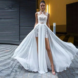 Runhufu Sexy Side Split Halter Wedding Dress A-Line Sleeveless Lace Appliques Backless Sweep Train Chiffon Bridal Gown