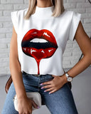 Runhufu New Fashion Women White Tops Summer Short Sleeve Stand Collar T-shirt Casual Red Lips Print Pullover Tees Plus Size