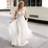 Runhufu De Noiva Gorgeous Girl Illusion Sheer Neckline Scoop Lace Cap Sleeve Appliques Belt Chiffon Wedding Dresses