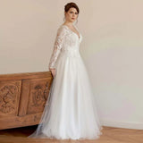 Runhufu Size Wedding Dress A-line Tulle 2023 Elegant Long Sleeve V-neck Sweep Train Bridal Gowns with Applique vestidos de novia