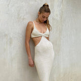 Runhufu Women¡¯s Suspender Long Dress Solid Color Hollow Waist Wrapped Sundress Party Beach Elegant Backless High Waist Tight Dress