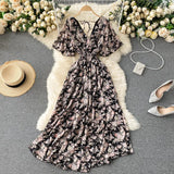 Runhufu Women Chiffon Floral Long Dress Korean V Neck Short Sleeve Ruched A-line Dresses Summer Bohemian Print Beach Dress