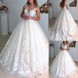 Runhufu Gown Illusion Scoop Wedding Dresses with Cap Sleeves Sexy Sleeveless V Back Lace Appliques Bridal Gowns Robe de Mariee