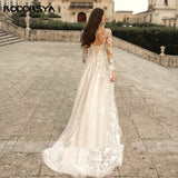 Runhufu Elegant O-Neck Wedding Dresses Lace Up A-Line Appliques Long Sleeves Beach Bride Gowns robe de mariée bohème Plus Size