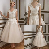 Runhufu Length Short Wedding Dresses 2024 Elegant Cap Sleeve V-Neck Bridal Dress Vestido de Noiva Autumn Sashes Lace Appliques