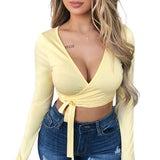 Runhufu Solid Long Sleeve T-Shirt Women Solid Crop Tops Fashion Female Bottoming Shirts Deep V Front Lace-up Skinny Tees