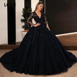 Runhufu Ball Gown Black Wedding Dresses Sequin Lace Appliques Bridal Gowns with Long Sleeve Lace-up Princess Party Dress Plus Size