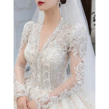 Runhufu Sleeved Winter Wedding Dress 2023 New V Neck Luxury Long Sweep Train Beading Princes Wedding Gown Vestido De Noiva
