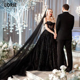 Runhufu Black Wedding Dresses Glitter Bride Gown with Off Shoulder Ball Gown Sweetheart Lace Wedding Gown Plus Size