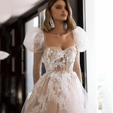Runhufu Chic Champagne Princess Lace and Tulle Modern Wedding Dresses Sweetheart Long Puffy Sleeves Glitter Bride Gowns Plus Size