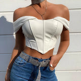 Runhufu Women PU Leather Tank Tops Sexy Mesh Yarn Suspender Strap Crop Top Solid Color Vest Summer Back Zipper Off Shoulder Tanks
