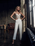 Runhufu Wedding Jumpsuits Lace Long Jacket With Train Appliqued Sweetheart Bridal Pants Suit Custom Made Beach Robe De Mariee