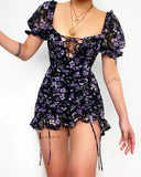 Runhufu New 2024 Vintage Floral Puff Sleeve Short Ruffles Dress Summer Women Ladies Lace-up Front Square Collar Ruched Dress