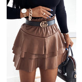 Runhufu Style Women High Waist Ruffles Skirts Solid Color Layered Fall Winter Leather Skirt A-Line Lady Tutu Mini Skirts