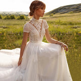 Runhufu Boho Lace Tulle High Neck Wedding Dress 2024 Cap Sleeves A-Line Bohemian Bridal Gown Vintage Elegant Robe De Mari¨¦e