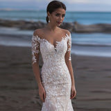 Runhufu Long Sleeves Mermaid Tulle Wedding Dress Elegant V-Neck Lace Appliques Illusion Back With Button Bridal Gown Custom Made