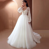 Runhufu Vintage Starry Long Sleeve Wedding Dress Lace Vestidos de Noiva Plus Size Bridal Dresses Sweep Train Wedding Gowns