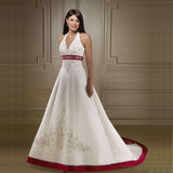Runhufu Ivory and Royal Blue A Line Wedding Dresses Halter Neck Embroidery beading Court Train Lace Up Bridal Gowns Custom Made 925