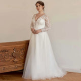 Runhufu Size Wedding Dress A-line Tulle 2023 Elegant Long Sleeve V-neck Sweep Train Bridal Gowns with Applique vestidos de novia