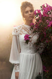 Runhufu Chiffon Long Puffy Sleeves Boho Wedding Dresses 2023 High Neck Lace Appliques Muslim Bridal Gown Vintage Vestido De Noiva