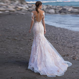 Runhufu Long Sleeves Mermaid Tulle Wedding Dress Elegant V-Neck Lace Appliques Illusion Back With Button Bridal Gown Custom Made