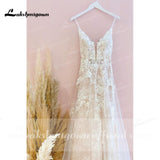 runhufu Lace Wedding Dress V-Neck Open Back Boho Wedding Gown Simple Spaghetti Straps Blush pink Beach Bridal Dress Robe De Mariee