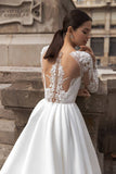 runhufu A Line Wedding Dresses Boho Soft Satin Beach Bridal Gowns O-Neck Lace Princess Party Gowns Long Sleeves Bride Dress 2023