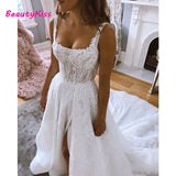 Runhufu Square Neck Split Wedding Dresses with Lace Appliques A-Line Long Tulle Wedding Gowns Vestido De Noiva