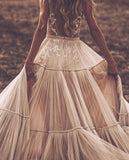 Runhufu Deep V-Neck Wedding Dresses Nude Champagne Ruffles Tulle Sleeveless Bridal Gowns A Line Sexy Country Style Robe De Mariee