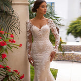 Runhufu Sleeve Lace Mermaid Wedding Dresses 2023 Appliques Beads Tulle Bridal Gown For Women V-Neck Sexy Open Back Real Photos