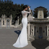 Runhufu Lace Long Sleeve Mermaid Wedding Dress For Women With Train Elastic Appliques Bridal Gown Zipper Back Custom Made