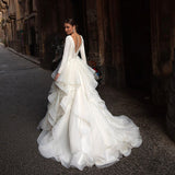 Runhufu White V-Neck Ball Gown Long Sleeves Satin Wedding Dress For Women 2023 Vintage Illusion Back With Button Custom Made