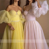 Runhufu Arrival Sweetheart Detachable Short Sleeve Beads Belt Pink Tulle A-Line Evening Dresses Yellow Prom Gowns Robe De Soiree