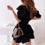 Runhufu Women's Ruffles V-Neck Short Dress Solid Color Puff Sleeve Shirred High Waist Ruffle Mini Dress Party Club OL A-Line