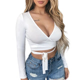 Runhufu Solid Long Sleeve T-Shirt Women Solid Crop Tops Fashion Female Bottoming Shirts Deep V Front Lace-up Skinny Tees