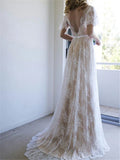 Runhufu Lace V-neck A-line/Princess Train Brush Bohemian Wedding Dress Butterfly Sleeve Nude Bridal Dress with Color