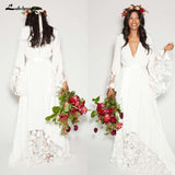 runhufu Bohemian Long Sleeves Deep V Neck Hippie Beach Wedding Gown Plus Size Wedding Dresses