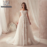 Runhufu the Shoulder Nude Color Bridal Dress with Lace Applique Reals Bridal Dress New Coming Robe De Soiree Longue