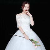 runhufu Novias Vestidos de Noiva Ball Gown Lace Wedding Dress Half Sleeves Off Shoulder Tulle Puffy Bride Gowns Simple Elegant Dress