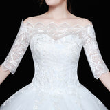 runhufu Novias Vestidos de Noiva Ball Gown Lace Wedding Dress Half Sleeves Off Shoulder Tulle Puffy Bride Gowns Simple Elegant Dress