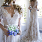Runhufu Lace V-neck A-line/Princess Train Brush Bohemian Wedding Dress Butterfly Sleeve Nude Bridal Dress with Color