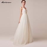 runhufu Spaghetti Straps Tulle Wedding Dress Vestido De Novia Sleeveless V-neck Backless Bride Dresses Robe De Mariage