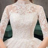 runhufu Embroidery Wedding Dress With Big Train 2023 High Neck Half Sleeve Wedding Gown Vintage Bridal Gown