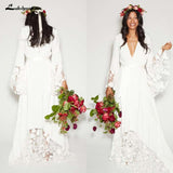 runhufu Bohemian Long Sleeves Deep V Neck Hippie Beach Wedding Gown Plus Size Wedding Dresses