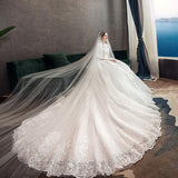 Runhufu Embroidery Wedding Dress With Big Train 2023 High Neck Half Sleeve Wedding Gown Vintage Bridal Gown