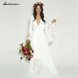 runhufu Bohemian Long Sleeves Deep V Neck Hippie Beach Wedding Gown Plus Size Wedding Dresses