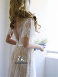 Runhufu Lace V-neck A-line/Princess Train Brush Bohemian Wedding Dress Butterfly Sleeve Nude Bridal Dress with Color