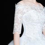 runhufu Novias Vestidos de Noiva Ball Gown Lace Wedding Dress Half Sleeves Off Shoulder Tulle Puffy Bride Gowns Simple Elegant Dress